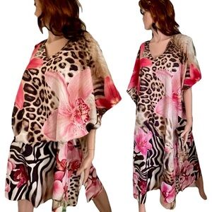 GYPSIE BLU NWT Leopard ZEBRA and TROPICAL FLORAL Digital Print CAFTAN Dress O/S